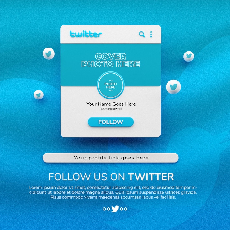 PSD 3d rendered follow us on twitter social media post mockup