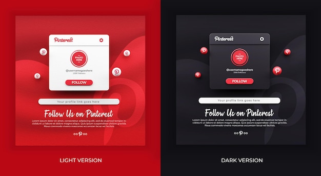 PSD rendering 3d seguici su pinterest nella versione chiara e scura del mockup dei post sui social media