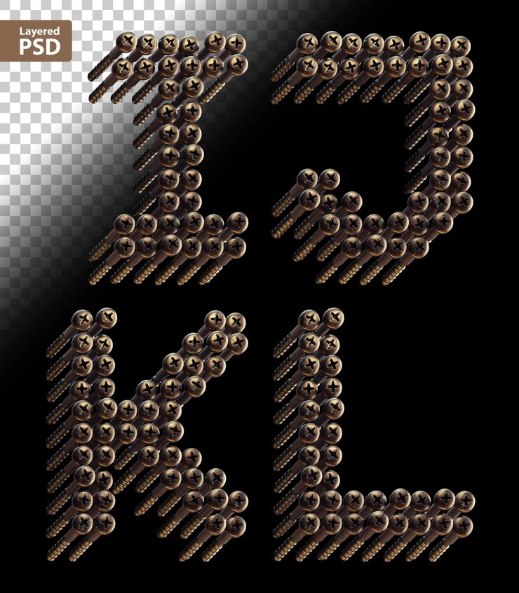 PSD 3d rendered font set made of a lot of bronze vintage screws