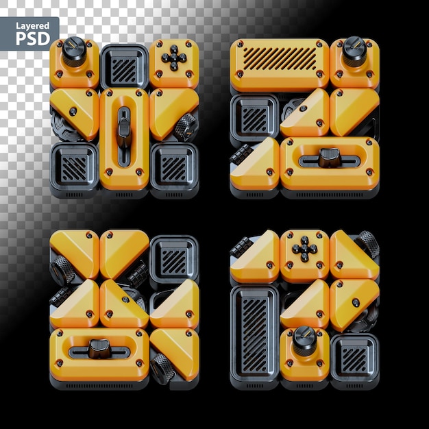 3d rendered font set made of abstract gadgets with analog knobs bolts and faders