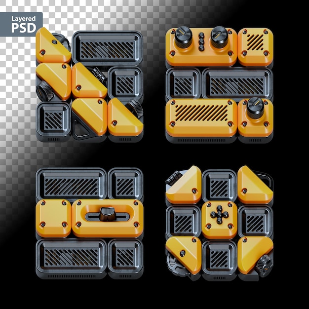 3d rendered font set made of abstract gadgets with analog knobs bolts and faders