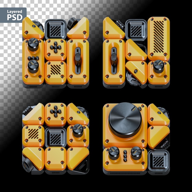 3d rendered font set made of abstract gadgets with analog knobs bolts and faders