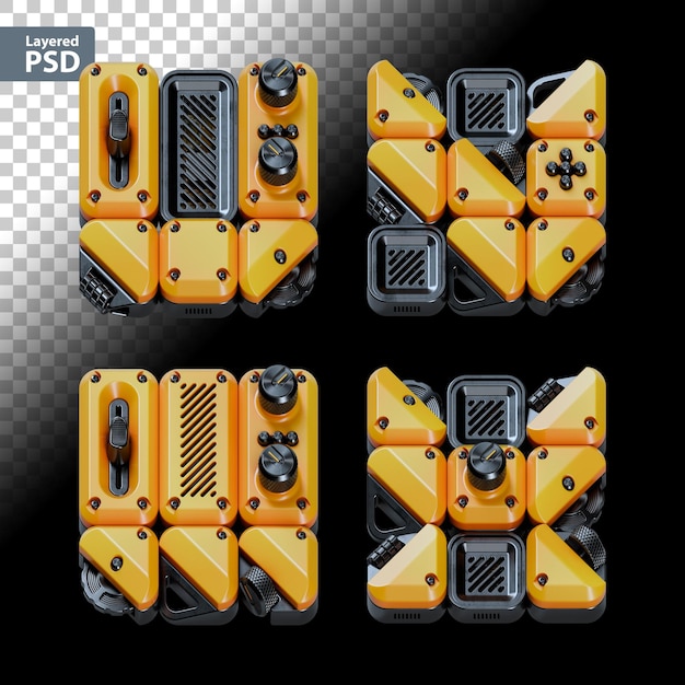 3d rendered font set made of abstract gadgets with analog knobs bolts and faders