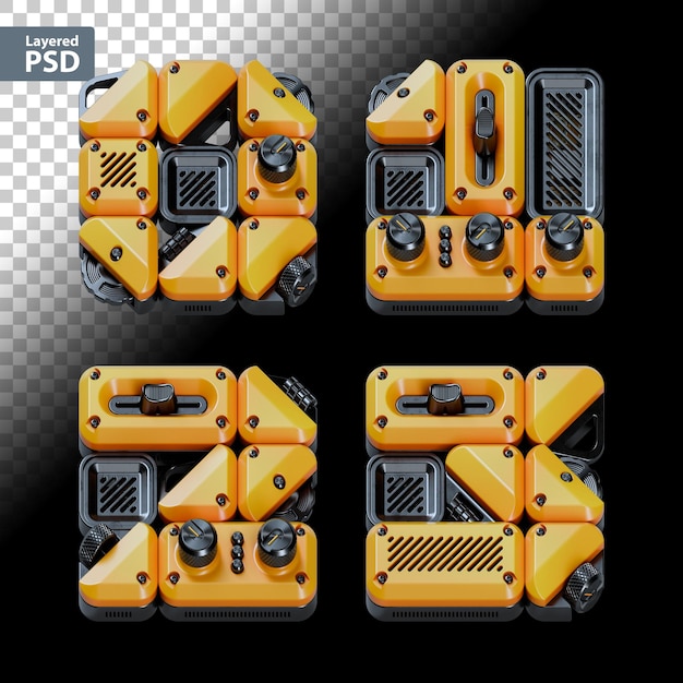 3d rendered font set made of abstract gadgets with analog knobs bolts and faders