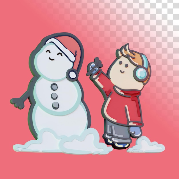 3D rendered of happy boy make a snowman with transparent background