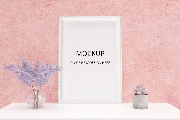 PSD 3d rendered illustration of a blank mockup picture frame on a white table