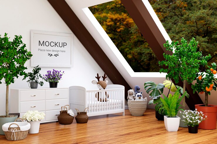 PSD 3d rendered illustration of a bright attic living room with mockup picture frame and indoor plants