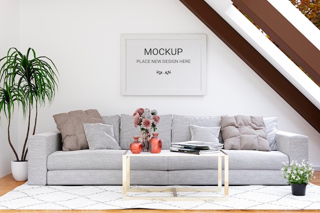PSD 3d rendered illustration of a bright attic living room with mockup picture frame and indoor plants