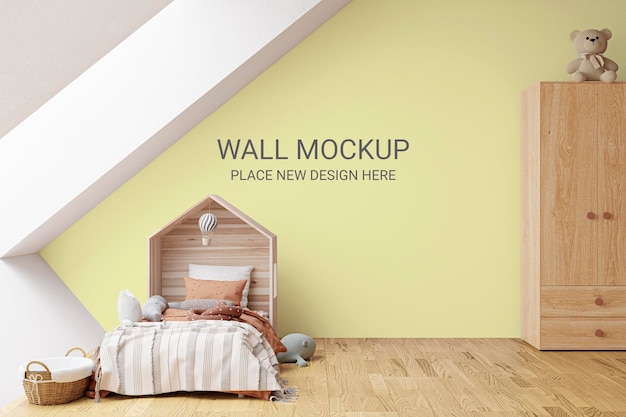 3d rendered illustration of kid bedroom with wooden floor and yellow wall