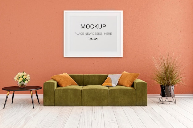 3d rendered illustration of a living room with orange wall