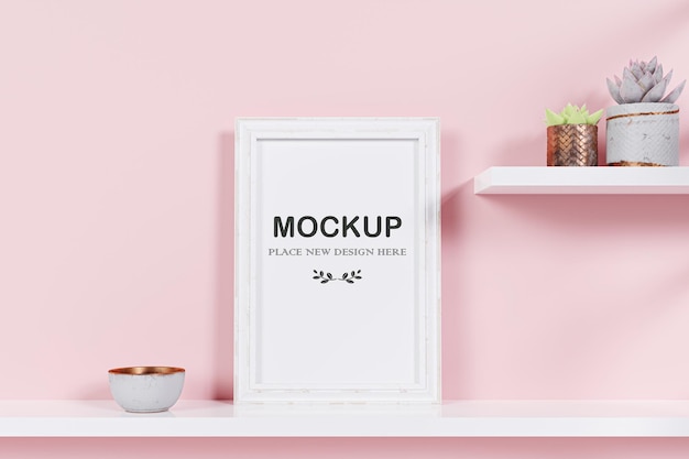 3d rendered illustration of a mockup picture frame on a white shelf