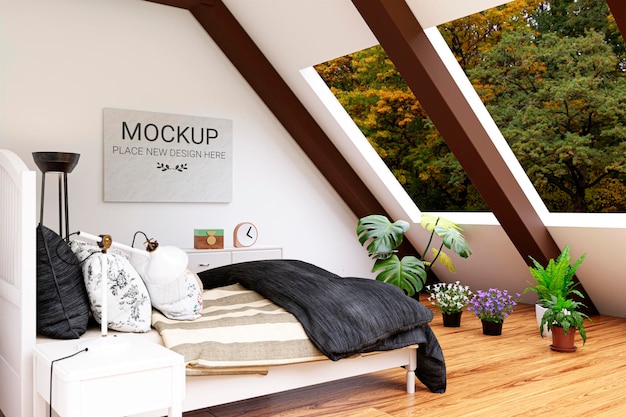 モックアップの額縁と観葉植物のある明るい屋根裏部屋の寝室の 3 d レンダリングされたイラストレーション