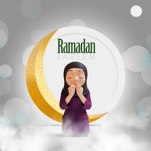 Rendering 3d ragazza islamica che prega banner o saluti con sfondo modificabile