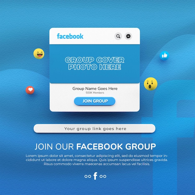 PSD 3d rendered join our facebook group social media post mockup