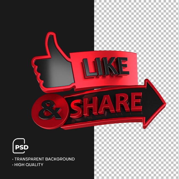 PSD 3d rendered like and share red and black button