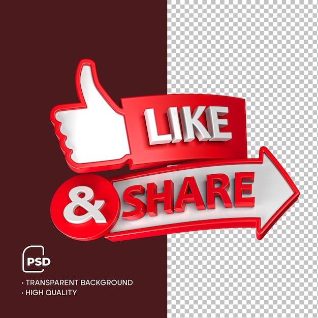 PSD 3d rendered like and share red and white button