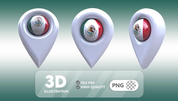 PSD icona di posizione renderizzata in 3d con la bandiera del messico al centro