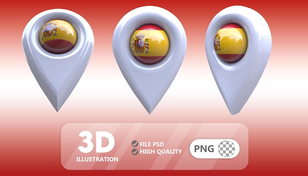 PSD スペインの国旗が真ん中にある 3d レンダリングのロケーションアイコン