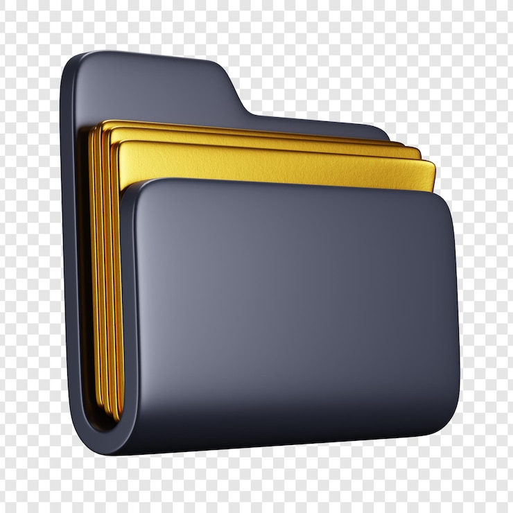 PSD 3d rendered metallic folder containing golden documents