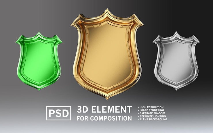 PSD 3d rendered metallic shields