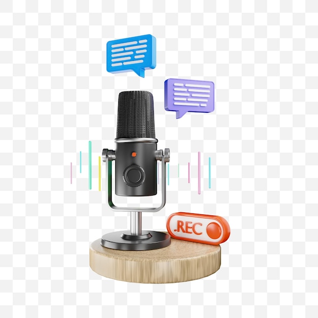 3D rendered microphone with speech bubbles and rec button