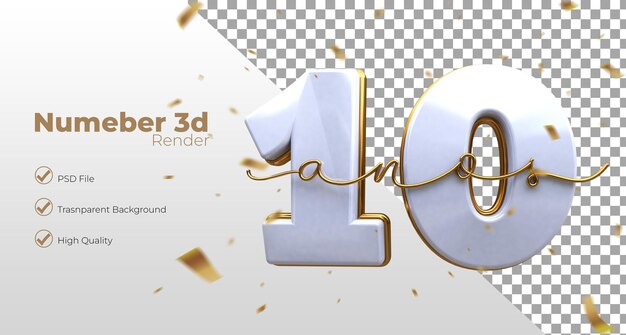 PSD 3d rendered number on transparent background celebration 10 years