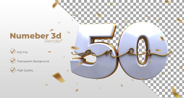 PSD numero renderizzato 3d su sfondo trasparente celebrazione 50 anni