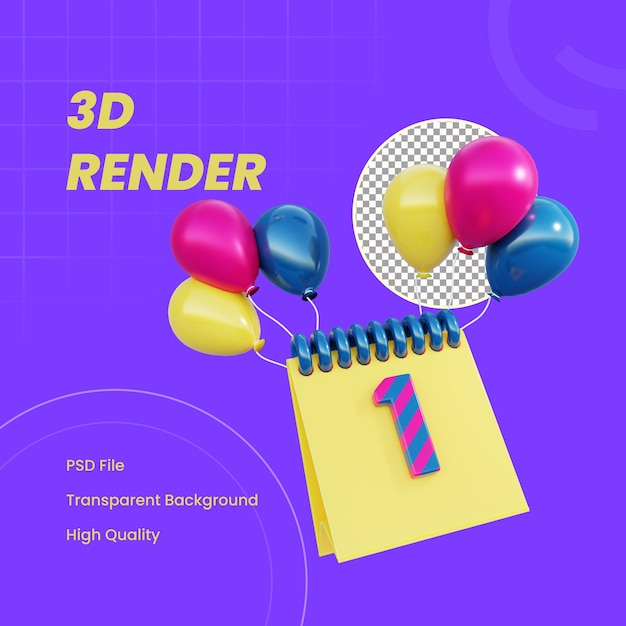 PSD 3d rendered object new year calendar with balloon