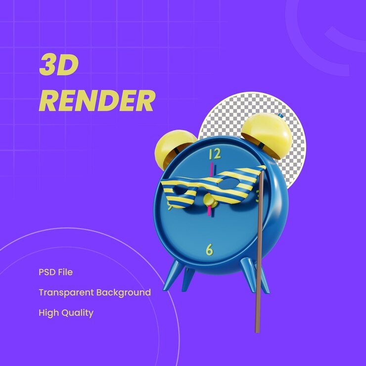 PSD 3d 渲染物体新年时钟与男性面具
