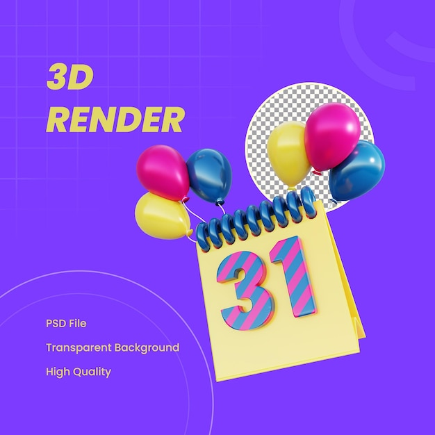 PSD 풍선 3d 렌더링 된 개체 새 해 이브 달력