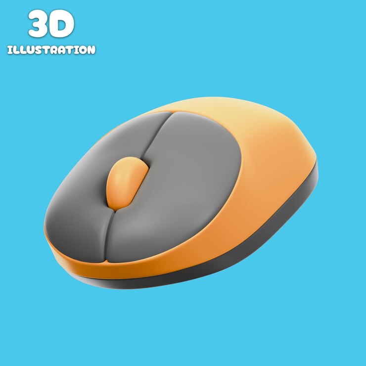 PSD 3d rendered orange and gray computer mouse on a blue background