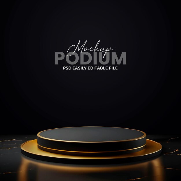 3d rendered realistic black round marble stone blank podium on gold plate for products showcasing