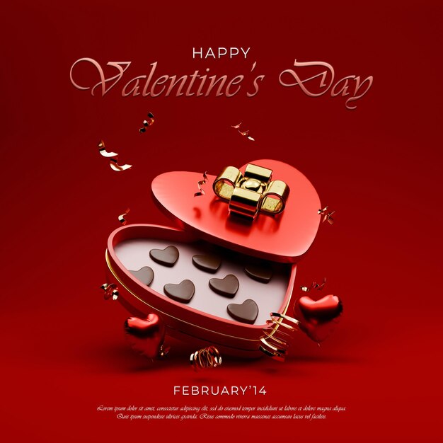 PSD 3d レンダリング 赤と金のバレンタインのテーマ ソーシャルメディアの投稿テンプレート