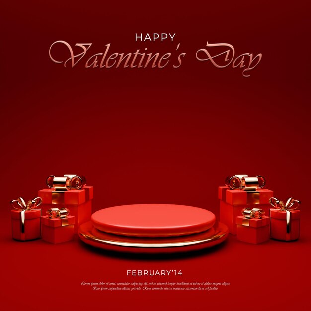 3D rendered red and gold valentines day themed podium display for social media post template