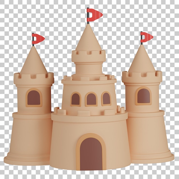 3d rendered sandcastle on the beach with red flags icon
