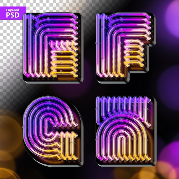 PSD 3d rendered set of bold letters made of colorful gradient glowing neon tubes