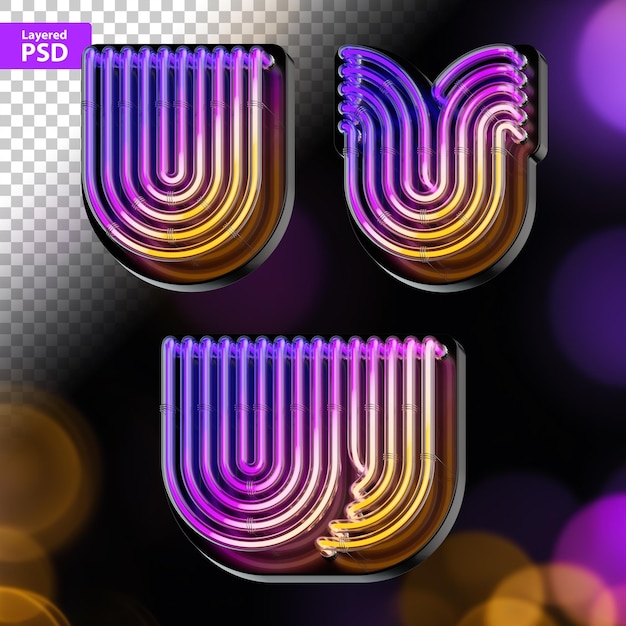 PSD 3d rendered set of bold letters made of colorful gradient glowing neon tubes