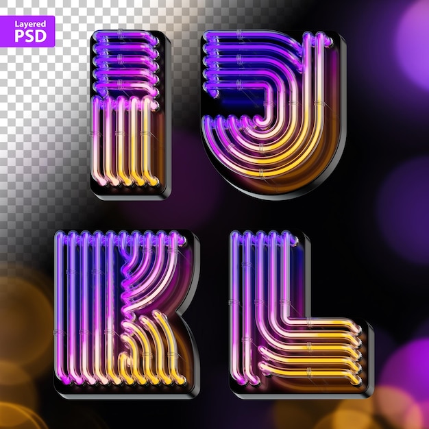 PSD set di lettere in grassetto renderizzate in 3d realizzate con tubi di neon luminosi a gradiente colorato