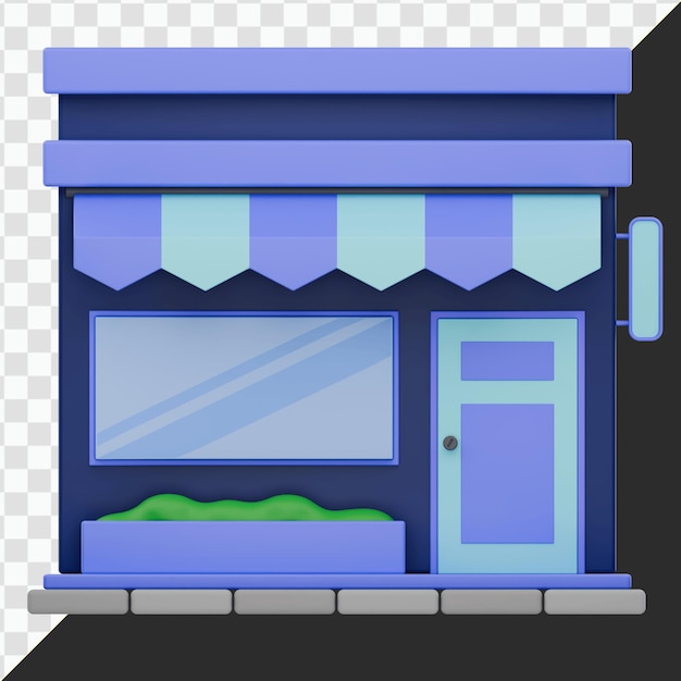 3D rendered shop front with awning door and sign