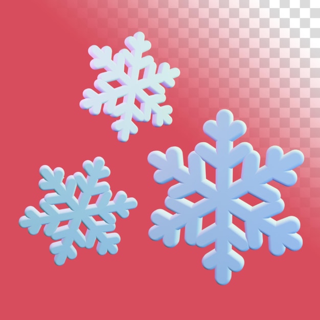 PSD rendering 3d di tre fiocchi di neve che cadono con un colore morbido e opaco