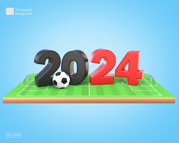 PSD 3 d レンダリング 2024 テキストとサッカー フィールドの正面図にサッカー ボール