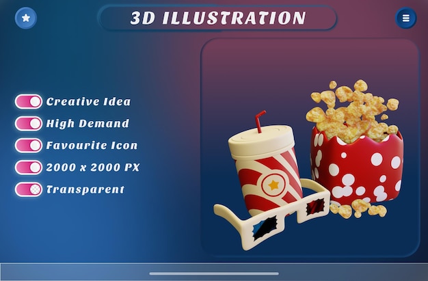 Rendering 3d occhiali 3d con popcorn e drink per guardare film