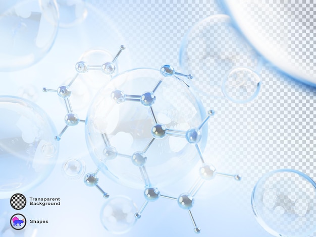 3D-rendering af 3D-kollagenceller med DNA-molekylestruktur på lyseblå baggrund. Innovativt kosmetisk banner med vand- eller gelbobler, oliedråber, skønhedspleje, serum, hyaluron og hudessens