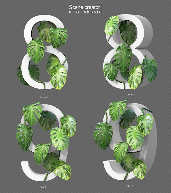 3D-rendering af krybende monstera på nummer 8 og nummer 9