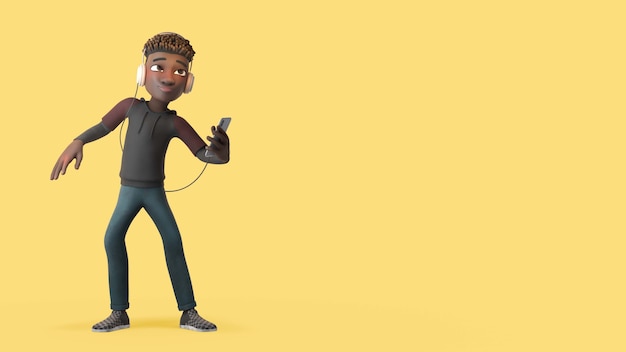 3D-rendering af Mike, der lytter til hovedtelefoner