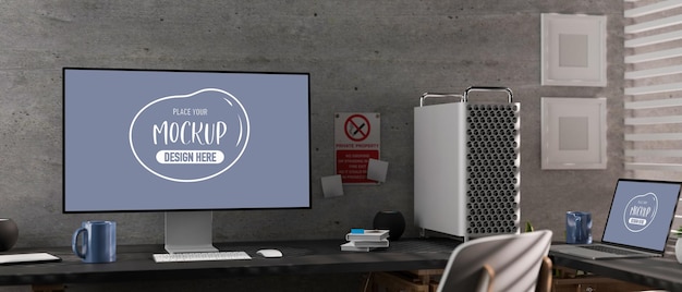 3D-rendering af moderne kontorfællesskab med computermockup