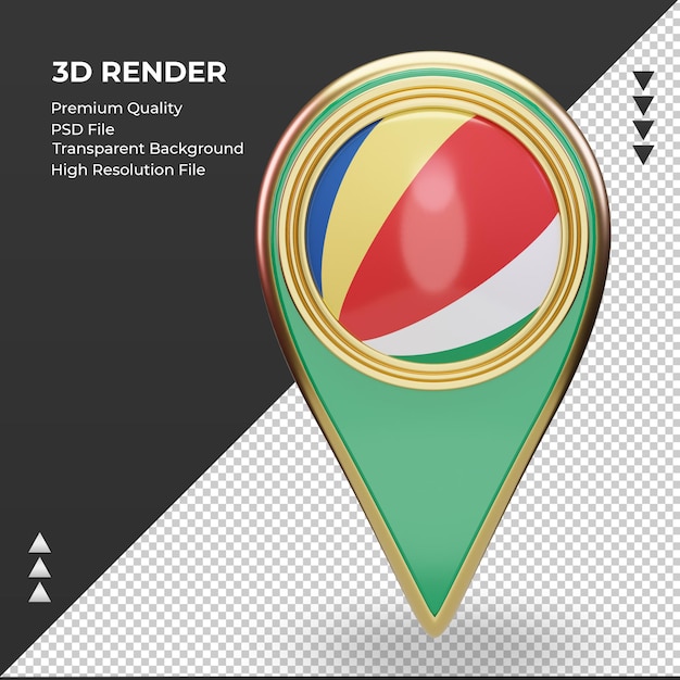 3D-rendering af placeringsnål med Seychellernes flag, set forfra