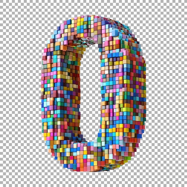 3D Rendering of a alphabet number 0 made with pixel font on Transparent Background