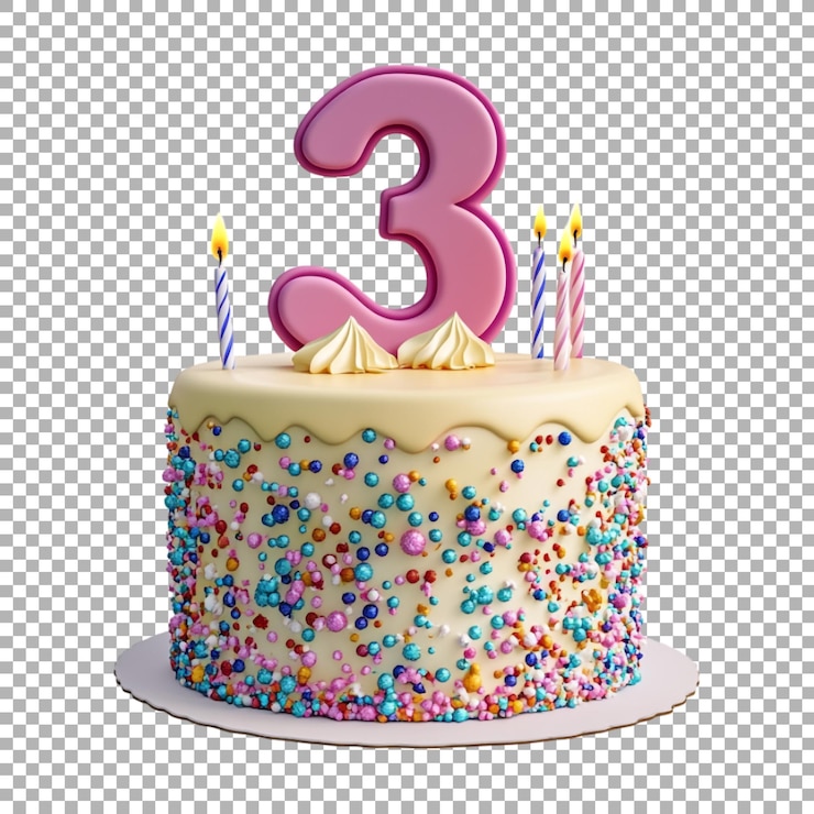 PSD 3d 렌더링: 알파의 숫자 3은 투명한 배경에 불이 달린 생일 케이크로 만들어졌습니다.