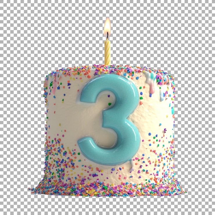 PSD 3d 렌더링: 알파의 숫자 3은 투명한 배경에 불이 달린 생일 케이크로 만들어졌습니다.